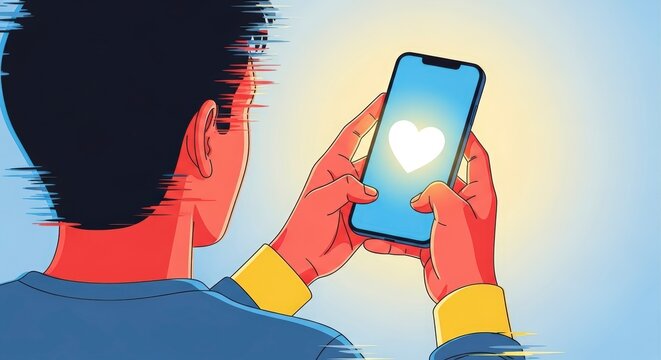 Man views glowing heart on smartphone screen representing digital connection or social media love