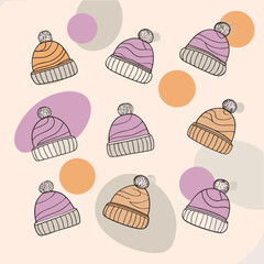 Pattern of winter hats with pom poms and colorful circles on light background