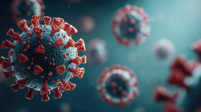 Microscopic view of a coronavirus particle with spike proteins. - Powered by Adobe
