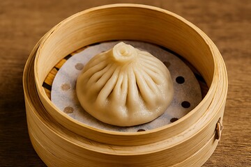 Steaming hot soup dumpling in a traditional bamboo steamer.