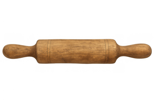 Wooden rolling pin, a traditional kitchen implement, for flattening dough in baking. Isolated on a transparent background