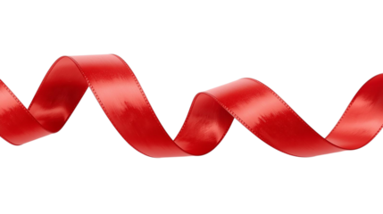 Vibrant red satin ribbon elegantly curled, isolated on a transparent background. Perfect for holiday designs, gifts, celebrations, or decorative accents. High-quality PNG element.