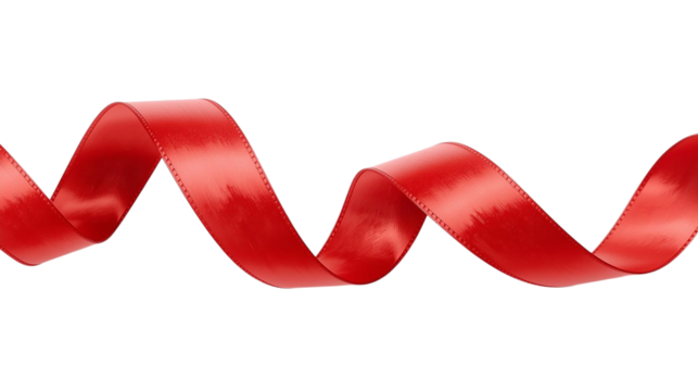 Vibrant red satin ribbon elegantly curled, isolated on a transparent background. Perfect for holiday designs, gifts, celebrations, or decorative accents. High-quality PNG element.