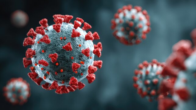 Microscopic view of a virus with red spike proteins on a dark background. - Powered by Adobe