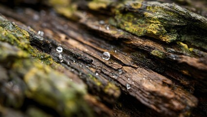 Glistening Raindrops on Rustic Wood with Vibrant Moss and Lichen Textures