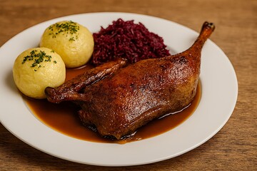 Traditional roast duck dinner with dumplings and red cabbage.