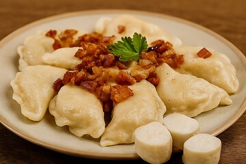 Delicious pierogi with bacon and parsley on a plate.