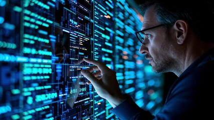 Cybersecurity data analyst code monitor screen blue neon night focus digital dashboard technology network analytics engineer futuristic interface - Powered by Adobe