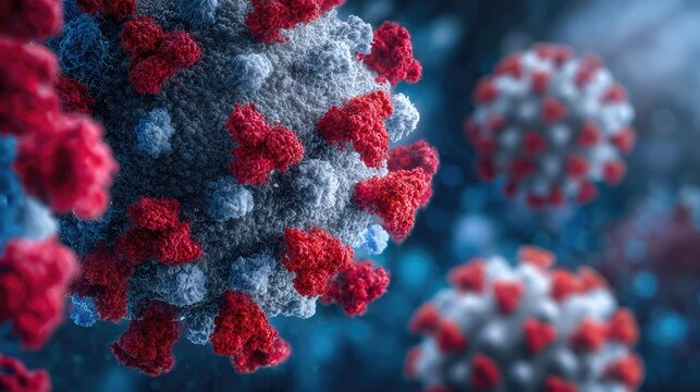 Microscopic view of a virus particle with red spikes on a blue background.