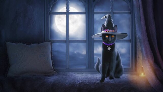 Black cat wearing witch hat sitting by moonlit window, magical night fantasy atmosphere with glowing candle light, mysterious feline character in enchanted room interior mystical Halloween animation f