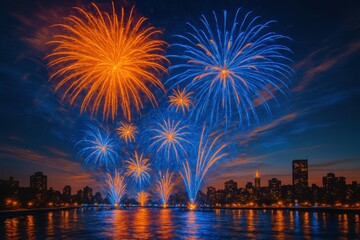 Fototapeta premium Spectacular Fireworks Display Over City Skyline at Dusk