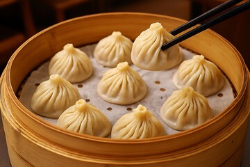 Steaming soup dumplings xiao long bao in bamboo steamer basket.