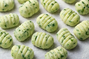 Freshly made green herb gnocchi arranged on a white surface.