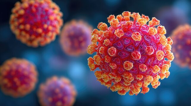 Microscopic view of infectious virus particles with spike proteins.