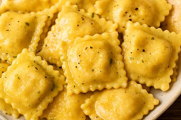 Close up of delicious golden cheese ravioli pasta.