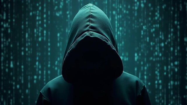 A mysterious hooded figure emerges from shadows against a digital binary code background 
