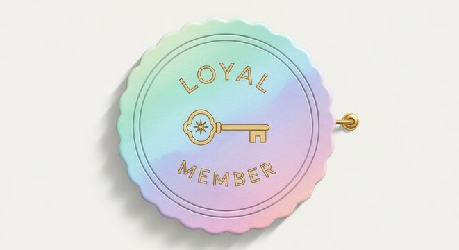 Pastel toned loyalty program badge featuring a golden key and the words loyal member