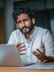 young bearded indian business man teacher talking teleworking having virtual classroom meeting working on laptop computer giving online webinar training remote class on video conference call no logos
