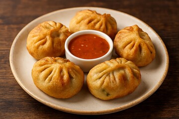 Delicious fried momos served with spicy dipping sauce on a plate.