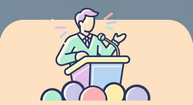 Colorful speaker illustration presenting from a podium, engaging an audience with confidence and