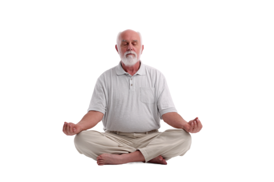 Senior enjoying outdoor yoga practice isolated on transparent background