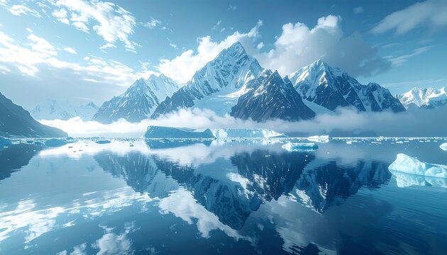 Snowcapped mountains mirrored in icy water, with blue sky and clouds creating a cool, serene, arctic landscape