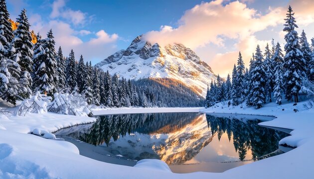 Snowy mountain reflects in still lake, framed by evergreen trees, under pastel sky