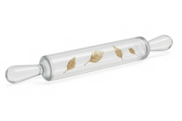 Glass rolling pin with golden leaf pattern, transparent kitchen utensil, bakeware for cooking and decorative design
