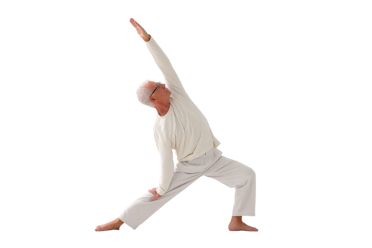 Senior performing morning yoga routine isolated on transparent background