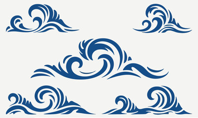 Collection of stylized blue wave graphic elements on white background