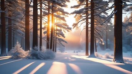 Winter Forest Sunrise – Snow-Covered Pines in Golden Morning Light

