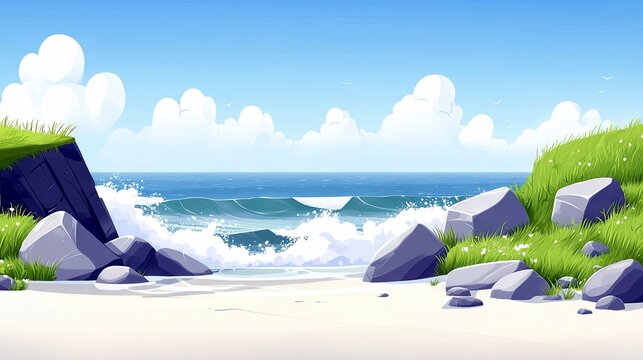 A serene coastal landscape featuring crashing ocean waves on a sandy beach, bordered by grassy cliffs and large rocks, under a bright blue sky with fluffy white