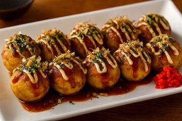 Delicious japanese takoyaki street food served on a white plate.