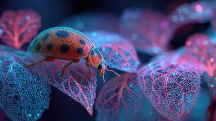 Ladybug inside neon Zentangle leaf glowing softly, detailed macro close-up capturing insect detail and surreal luminous botanical pattern