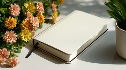 Elegant white notebook on a bright desk with colorful flowers, creating a serene and creative ambiance.