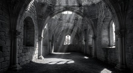 Fototapeta premium Ancient Stone Church Interior with Sunlight Beams Illuminating Architecture