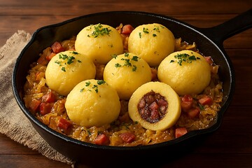 Traditional german potato dumplings filled with meat in a skillet.