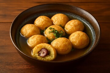 Delicious potato dumplings filled with meat in a skillet.
