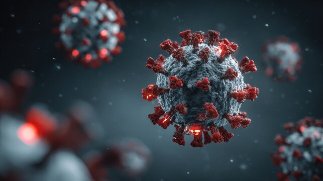 Microscopic view of infectious virus particles with glowing red spikes.