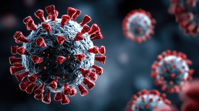 Microscopic view of virus particles, disease transmission.