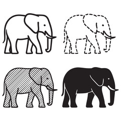 Fototapeta premium Four elephant illustrations: outline, dashed, hatched, and solid fill.