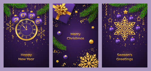 Happy New Year 2026. Christmas card set. Purple balls with golden numbers 2026. Watch the countdown to midnight. Gift boxes with golden bows and fir branches. Golden snowflakes. Vector illustration.
