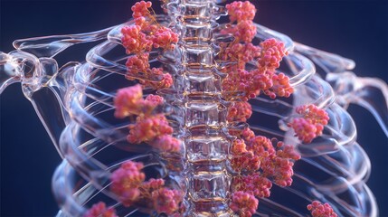 Medical illustration of tumor cells growing on a skeletal rib cage.