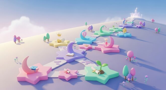 Dreamy path toward a fairytale castle symbolizing ambition and academic excellence on pastel