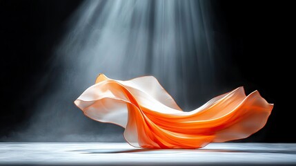 A flowing piece of orange and white fabric is illuminated by dramatic spotlights against a dark background.