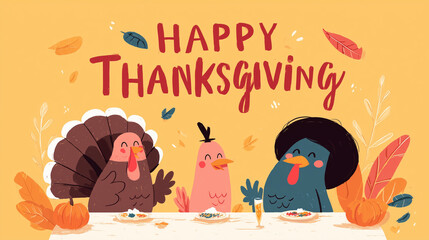 Fototapeta premium Playful Thanksgiving illustration featuring three cartoon turkeys sitting at a festive table, celebrating with cheerful expressions, bright colors, and a fun seasonal atmosphere