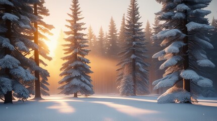 Winter Forest Sunrise – Snow-Covered Pines in Golden Morning Light
