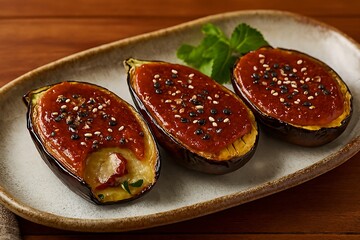 Halved grilled figs with glaze and sesame seeds on plate.