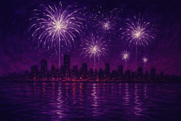 Fototapeta premium Vibrant Fireworks Over a City Skyline at Night with Reflections on Water