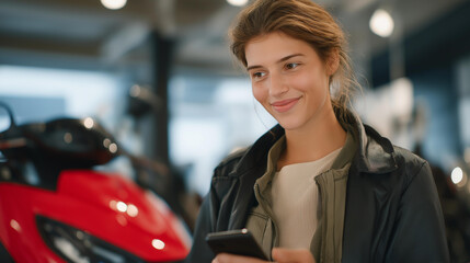 A commuter comparing electric scooter models in a modern mobility shop, checking energy efficiency ratings and repairability — sustainable transportation choices, eco-friendly commuting, and